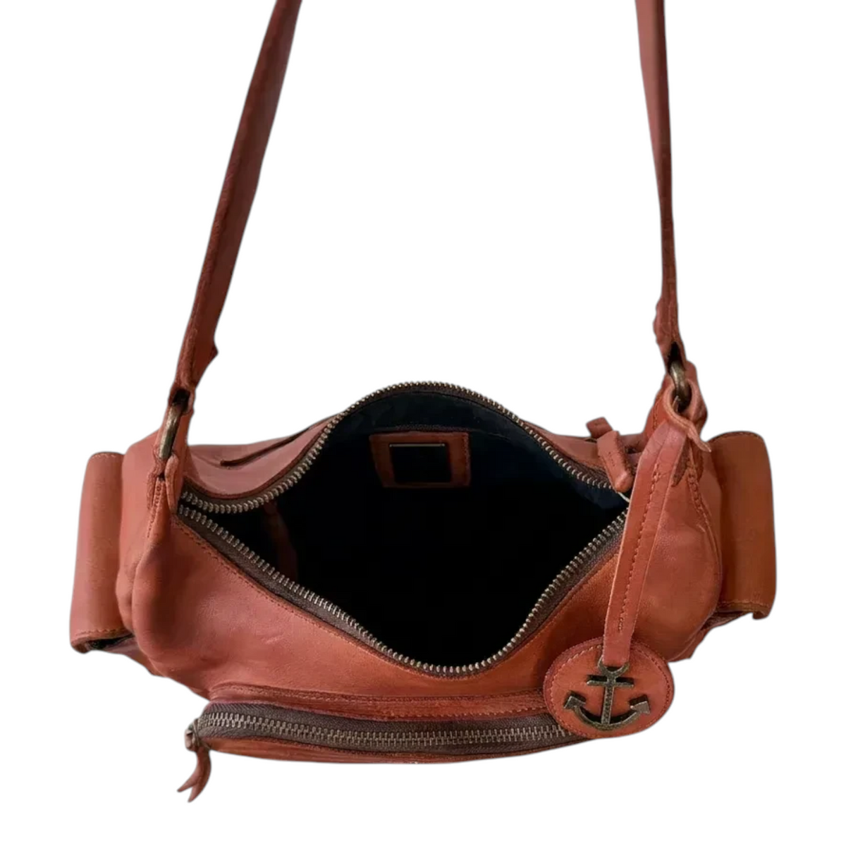 Lieblingstasche Nerina cognac leather shoulder bag with a top zipper and a decorative antique brass anchor charm