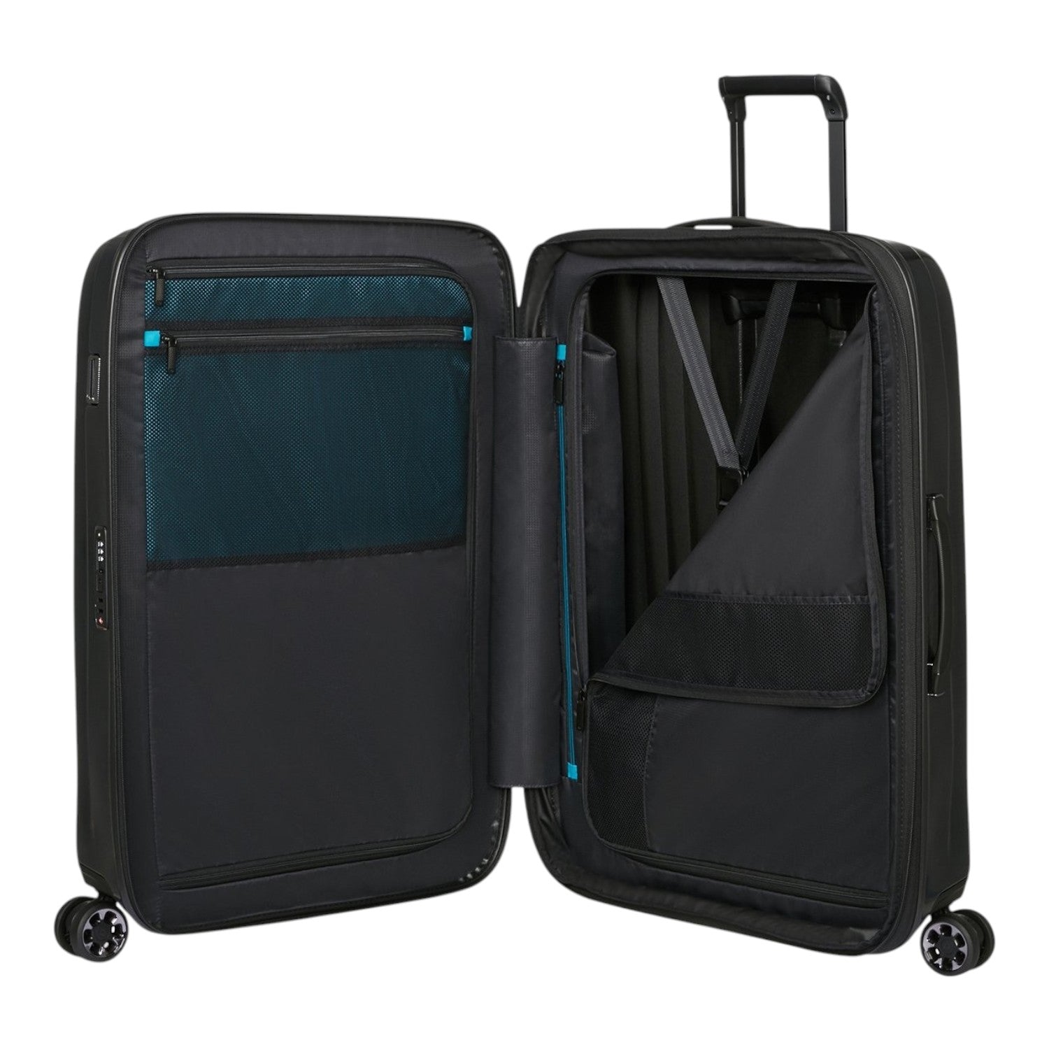 Lieblingstasche NEXIS Spinner 70/26 expandable suitcase in black with open interior, mesh pockets, and compression straps