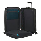 Lieblingstasche NEXIS Spinner 76/28 Exp black suitcase with open interior, mesh pockets, and blue accents.
