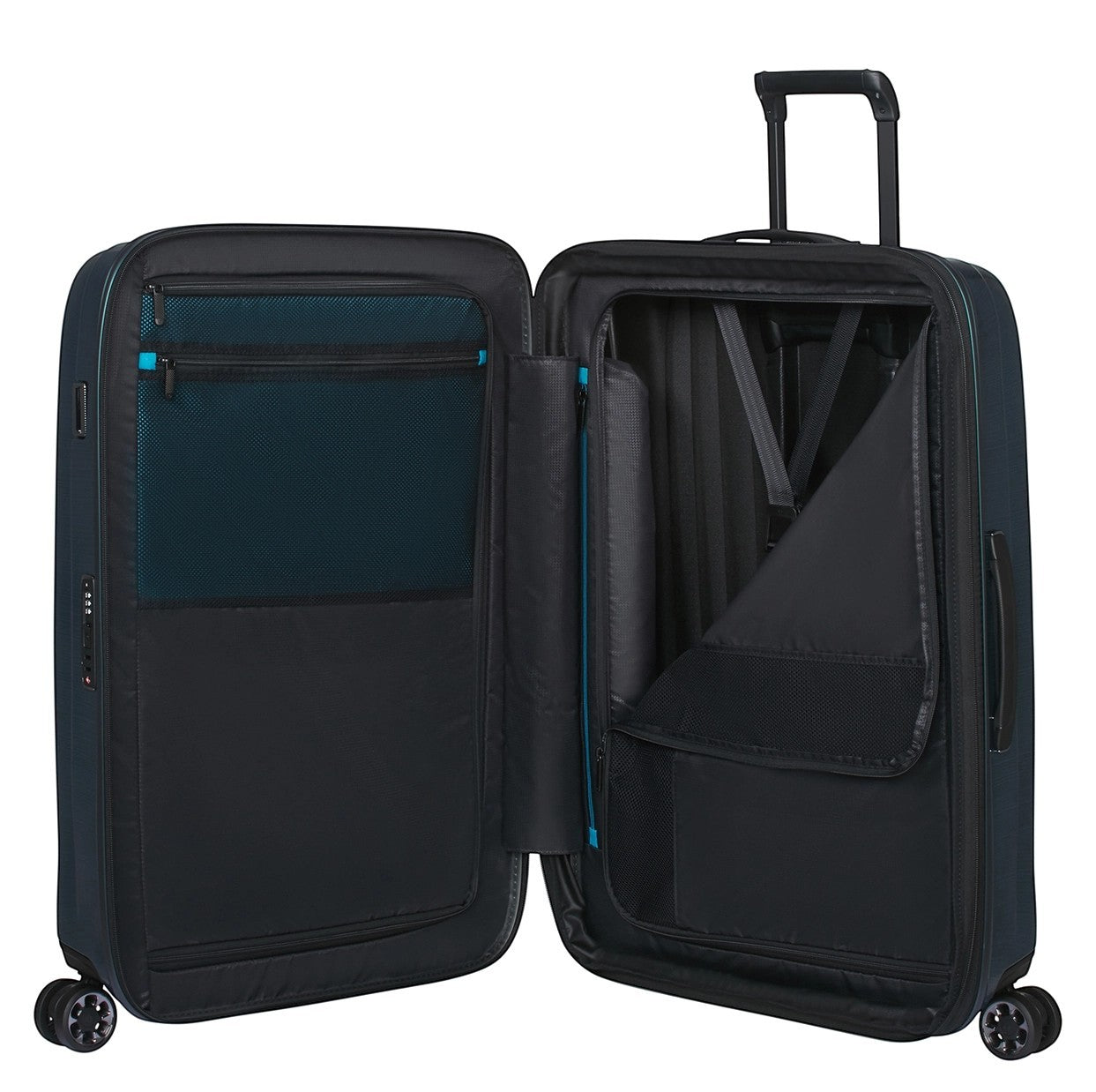 Lieblingstasche NEXIS Spinner 70/26 Exp suitcase interior with black fabric lining, mesh pockets, and packing straps.