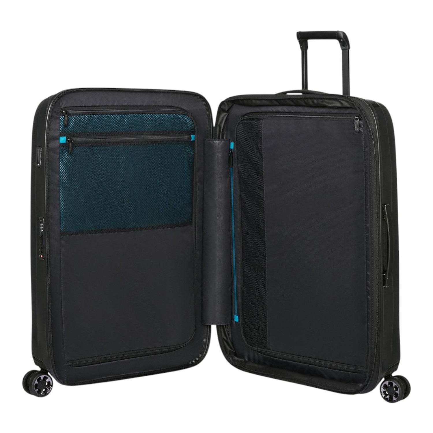 Lieblingstasche NEXIS Spinner 76/28 Exp suitcase interior with black lining, mesh pockets, and blue zipper accents