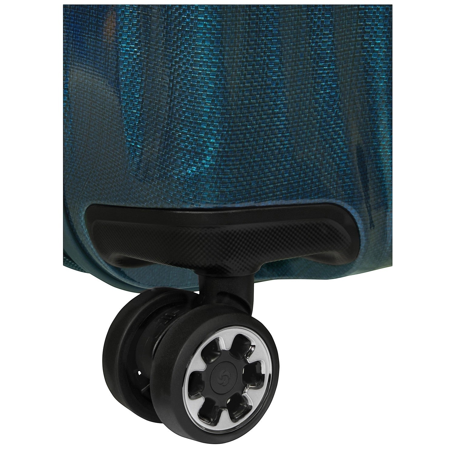 Lieblingstasche NEXIS Spinner 70/26 Exp suitcase close-up of the durable black double spinner wheel and blue shell