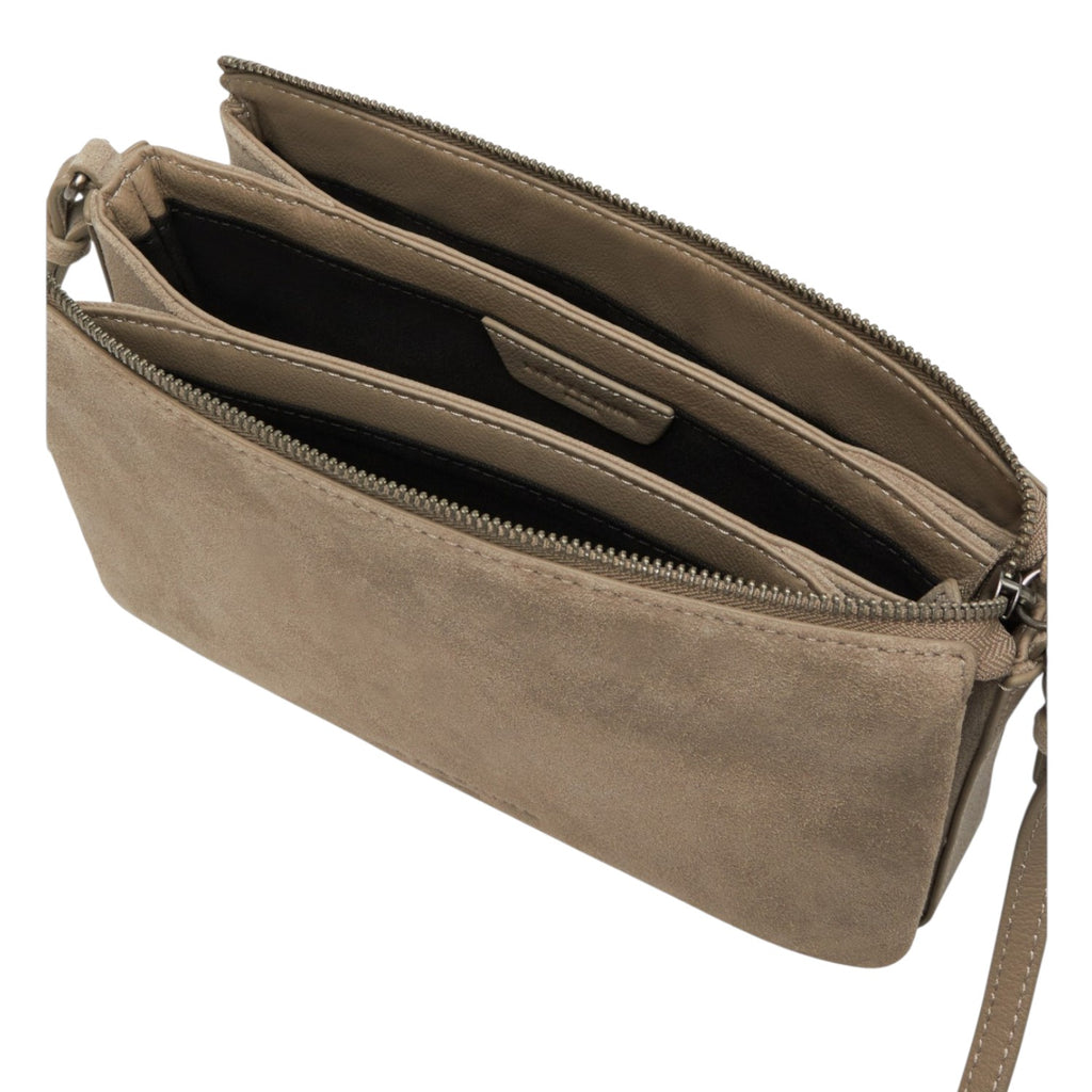 Lieblingstasche Nina Crossbody S bag in taupe suede leather with two zippered compartments and silver hardware
