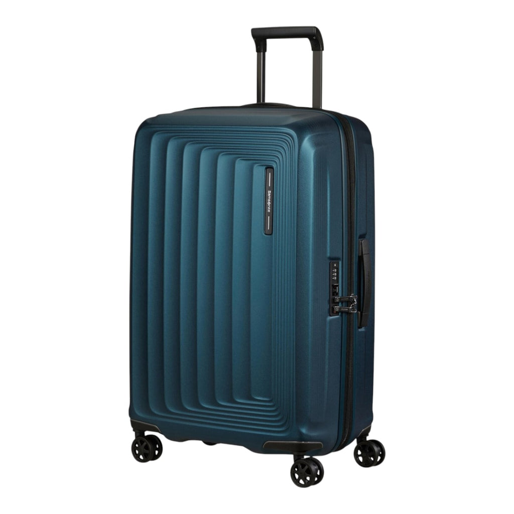 Lieblingstasche NUON Spinner 69/25 expandable suitcase in dark teal with a hard shell and four spinner wheels.