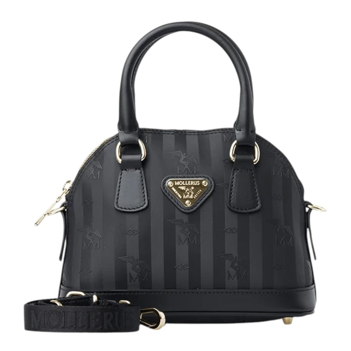 Lieblingstasche Oetwil black handbag with Mollerus logo pattern, gold hardware, and detachable shoulder strap
