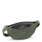 Lieblingstasche Essential Moon Bag in olive green with an open zipper and interior pocket on a white background