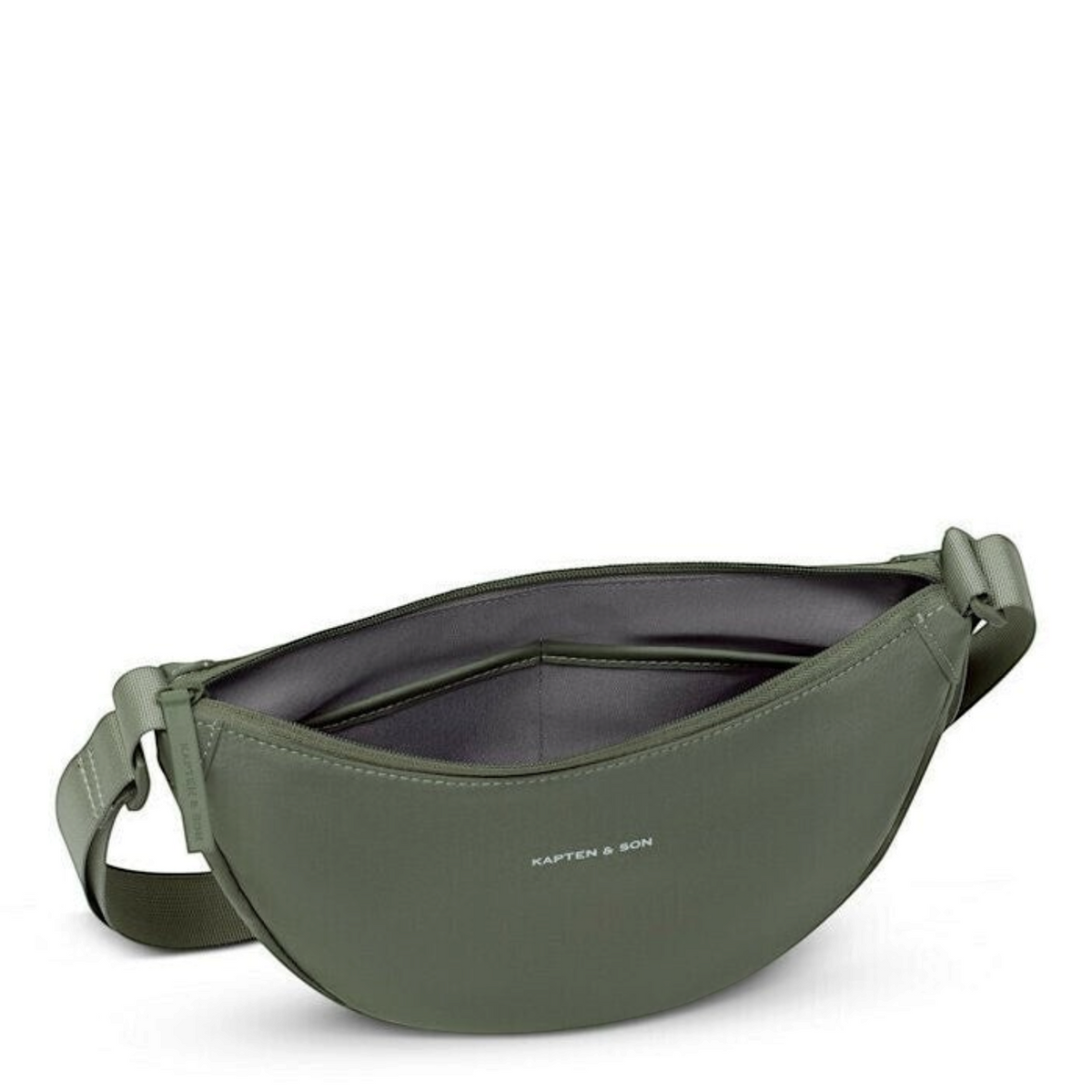 Lieblingstasche Essential Moon Bag in olive green with an open zipper and interior pocket on a white background