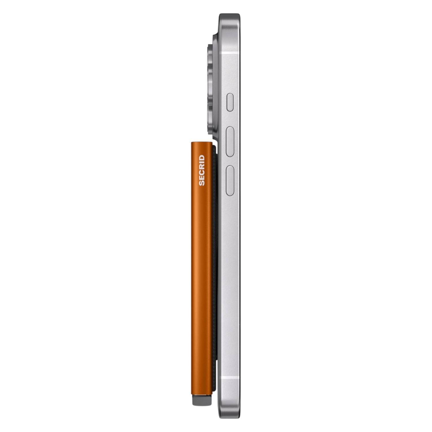 Lieblingstasche orange Secrid MagSafe card protector attached to the side of a silver smartphone
