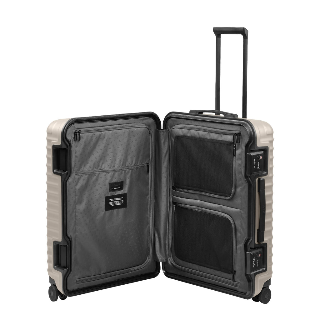 Lieblingstasche OVERSEAS 4w Trolley M+ in beige with open interior featuring zippered mesh compartments and lining.
