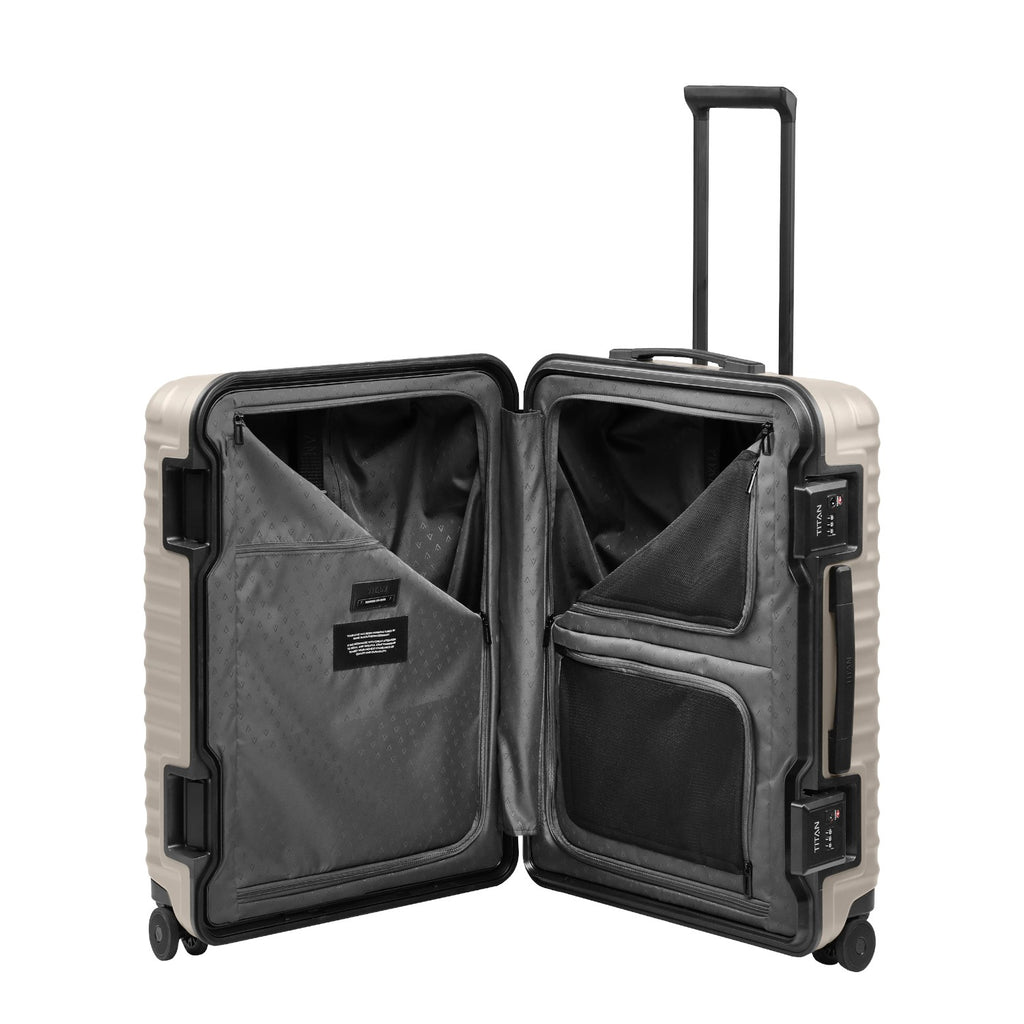 Lieblingstasche OVERSEAS 4w Trolley M+ in beige, shown open to reveal grey interior lining and mesh storage pockets.