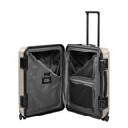 Lieblingstasche OVERSEAS 4w Trolley M+ in beige, shown open to reveal grey interior lining and mesh storage pockets.