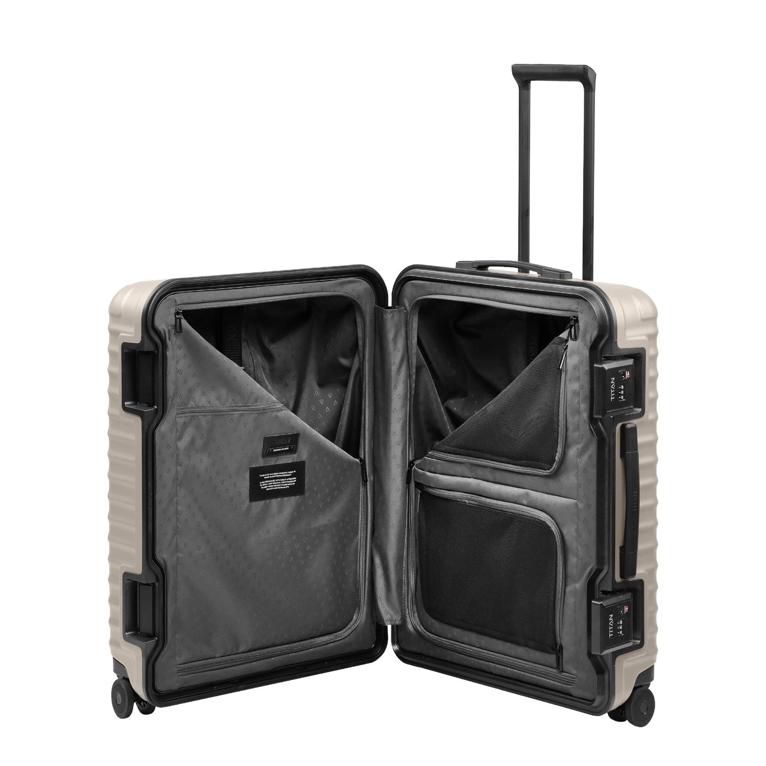 Lieblingstasche OVERSEAS 4w Trolley M+ in beige, shown open to reveal grey interior lining and mesh storage pockets.