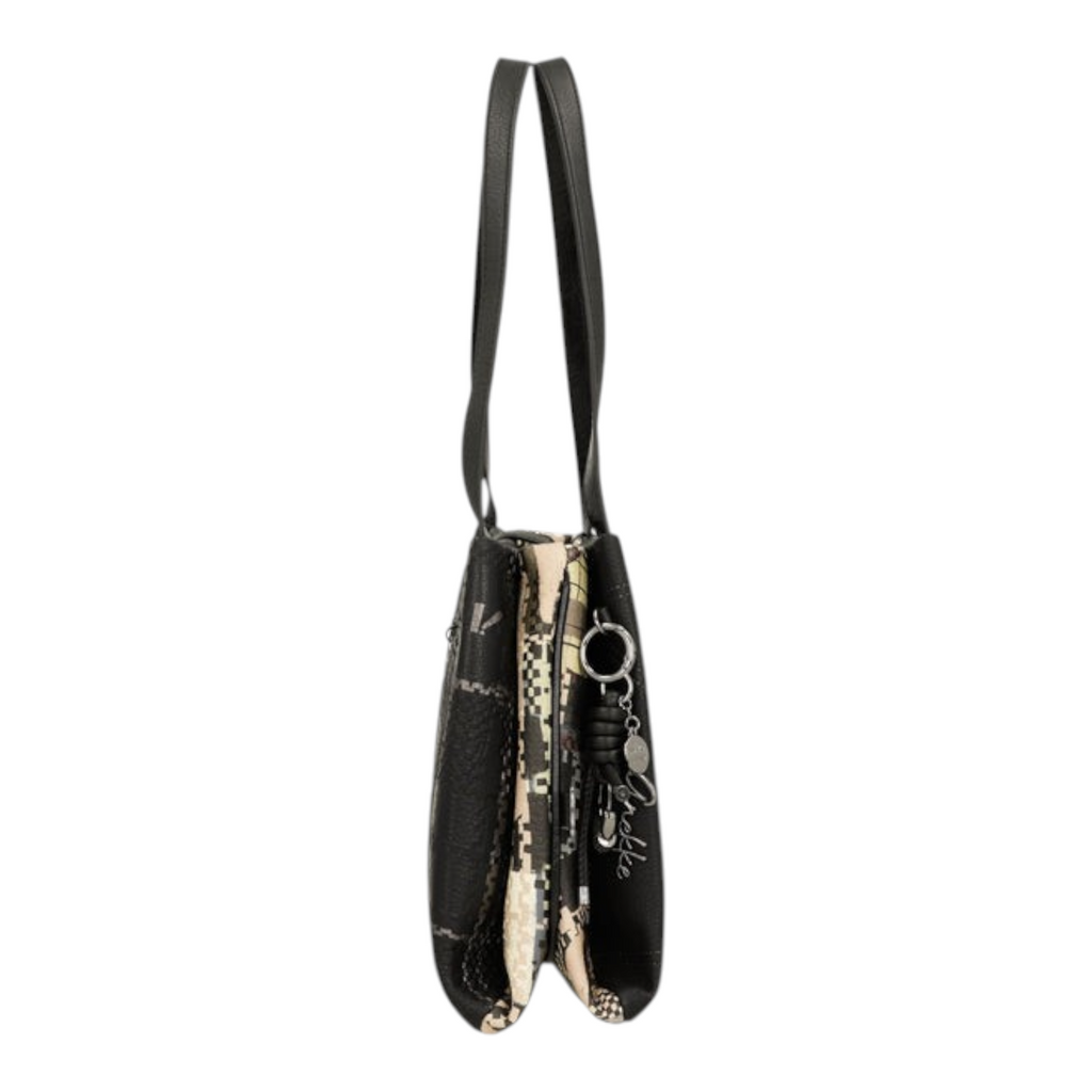 Lieblingstasche shoulder bag in black and beige with a patterned design and a decorative metal charm on the side