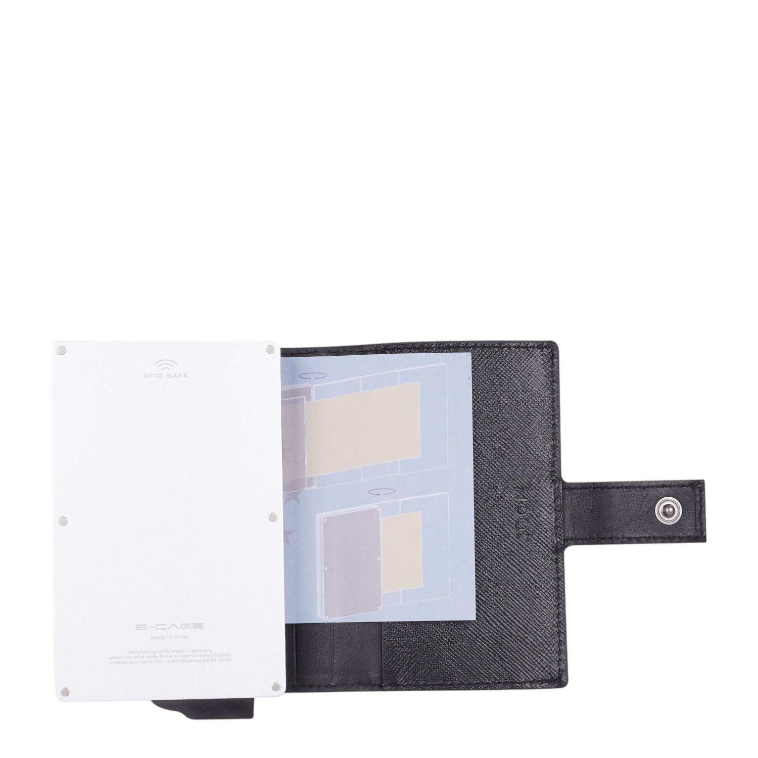 Lieblingstasche Pero C-Three E-Cage SV8 black saffiano leather card holder with RFID safe aluminum insert.