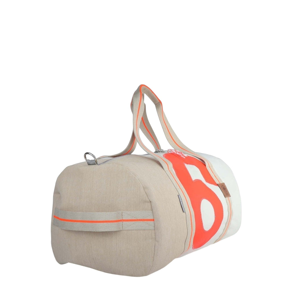 Lieblingstasche Pirat duffel bag in beige and white canvas with vibrant orange accents and large number print