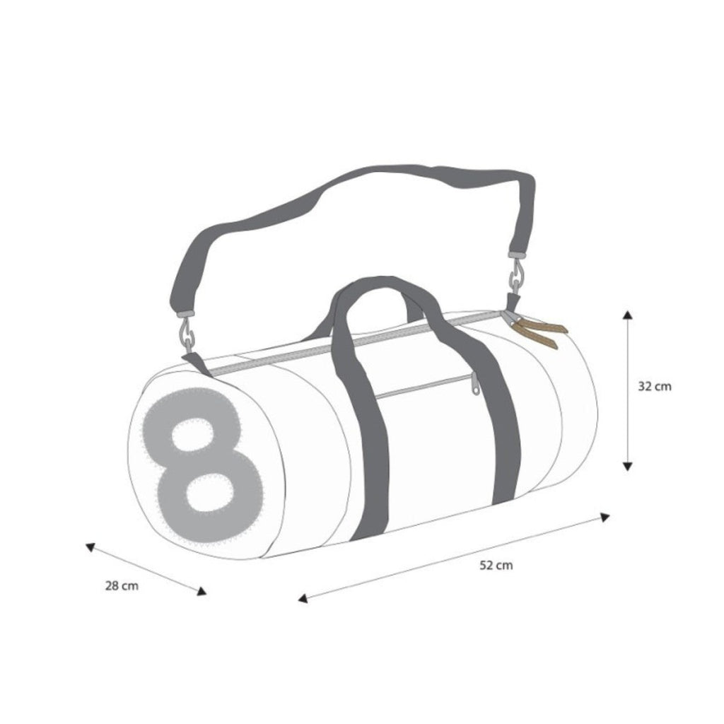 Lieblingstasche Pirat duffel bag with number 8 print, adjustable shoulder strap, and dimensions in white and grey