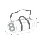 Lieblingstasche Pirat duffel bag with number 8 print, adjustable shoulder strap, and dimensions in white and grey