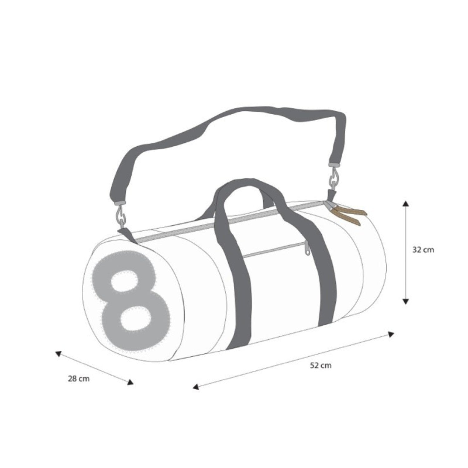 Lieblingstasche Pirat duffel bag with number 8 print, adjustable shoulder strap, and dimensions in white and grey