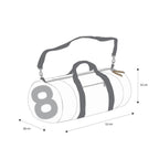 Lieblingstasche Pirat duffel bag with number 8 print, adjustable shoulder strap, and dimensions in white and grey