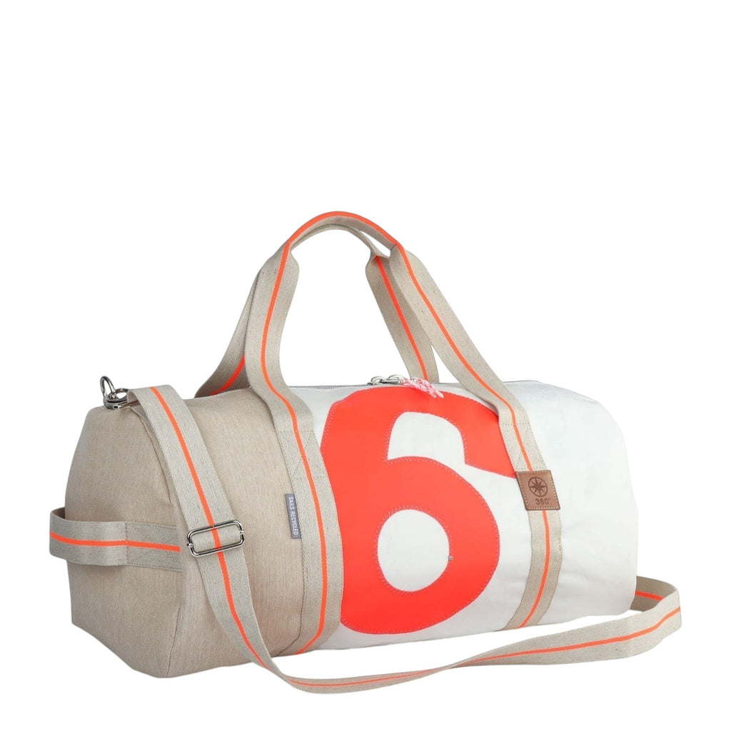 Lieblingstasche Pirat duffel bag made from recycled sailcloth with a white and beige design and orange number 6