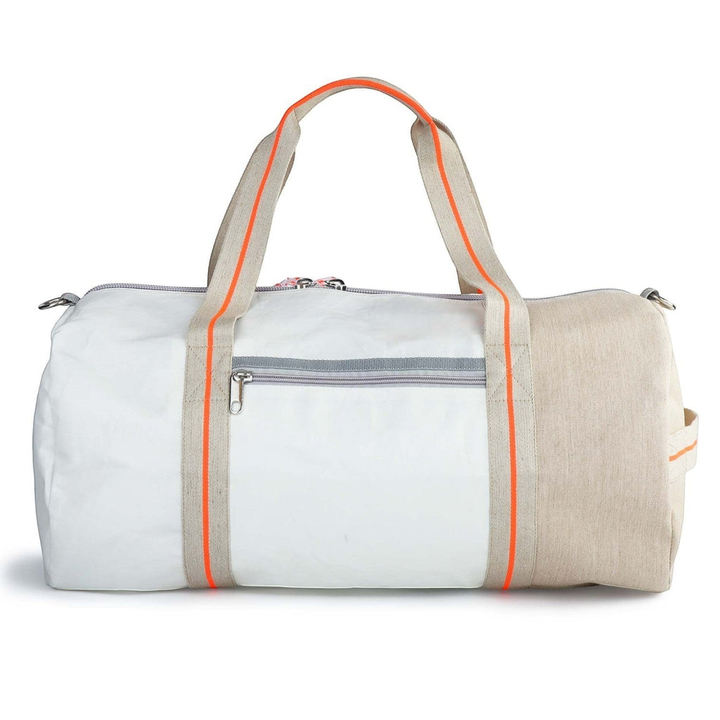 Lieblingstasche Pirat white and beige canvas duffel bag with bright orange trim and grey zipper details