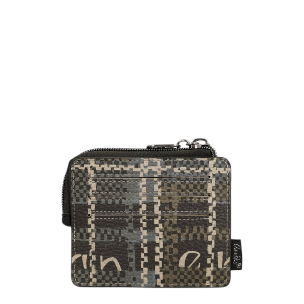 Lieblingstasche purse featuring a dark grey and black plaid pattern with a side zipper and card slots