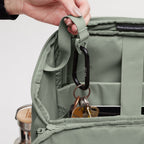 Lieblingstasche Pro Pack backpack interior detail showing a key carabiner attachment and organized compartments