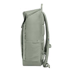 Lieblingstasche Pro Pack sage green laptop backpack, side view showing mesh side pocket and ergonomic straps.