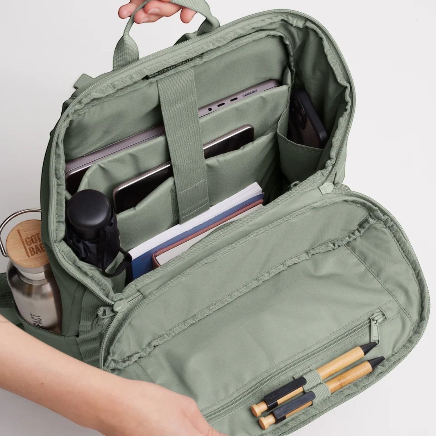 Lieblingstasche Pro Pack sage green laptop backpack with open main compartment, internal organizers, and bottle pocket
