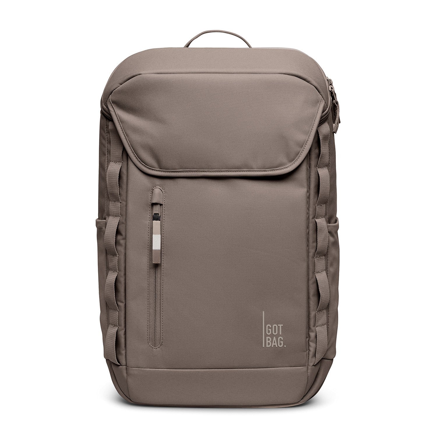 Lieblingstasche Pro Pack taupe backpack with multiple exterior loops and a zippered pocket.
