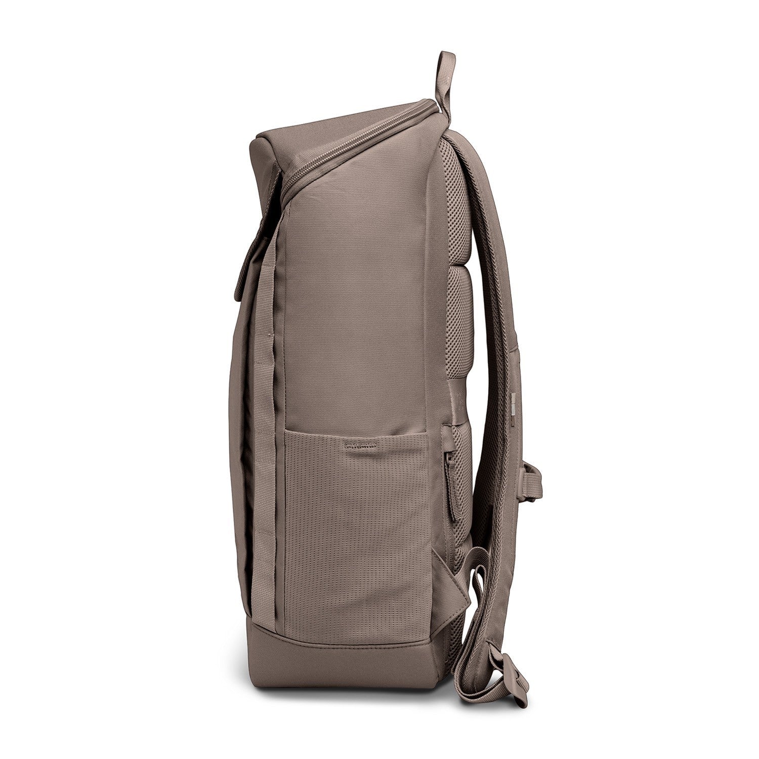 Lieblingstasche Pro Pack backpack in taupe with padded straps and mesh back panel, side pocket.