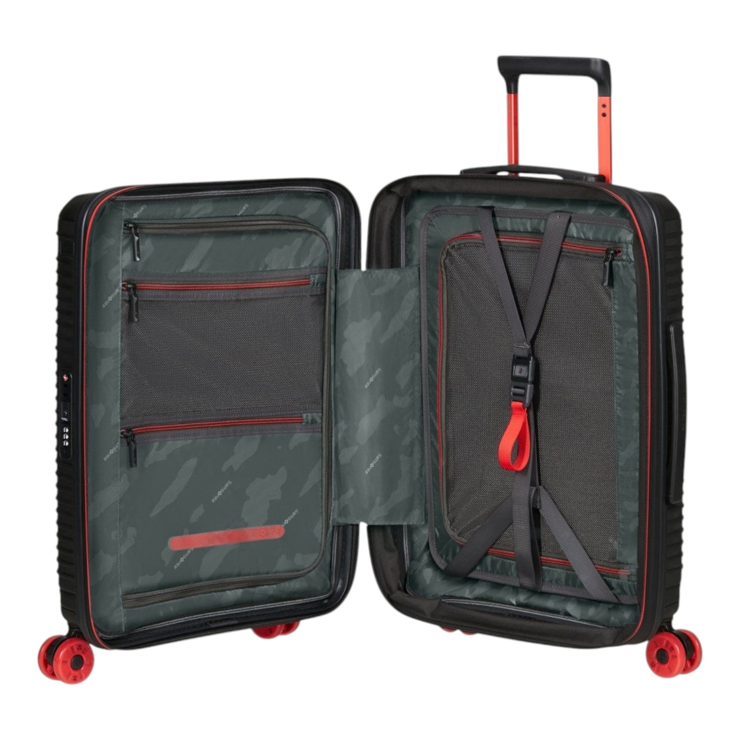 Lieblingstasche PRODIVER HS Spinner 55/20 Exp suitcase interior with camo lining, red accents, and packing straps.