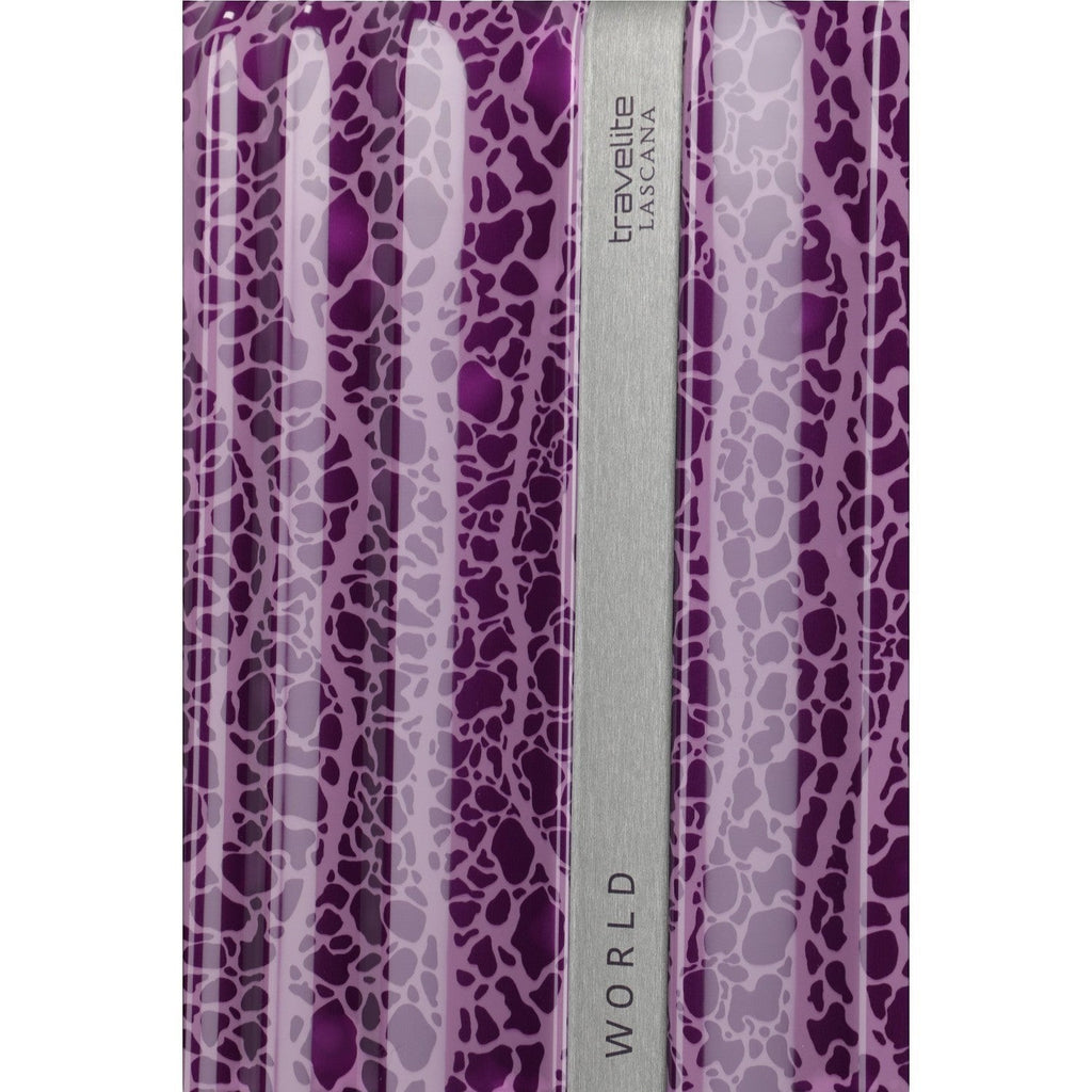 Lieblingstasche Lascana Edition 4W Trolley L, purple suitcase with a dark purple abstract pattern and silver trim.