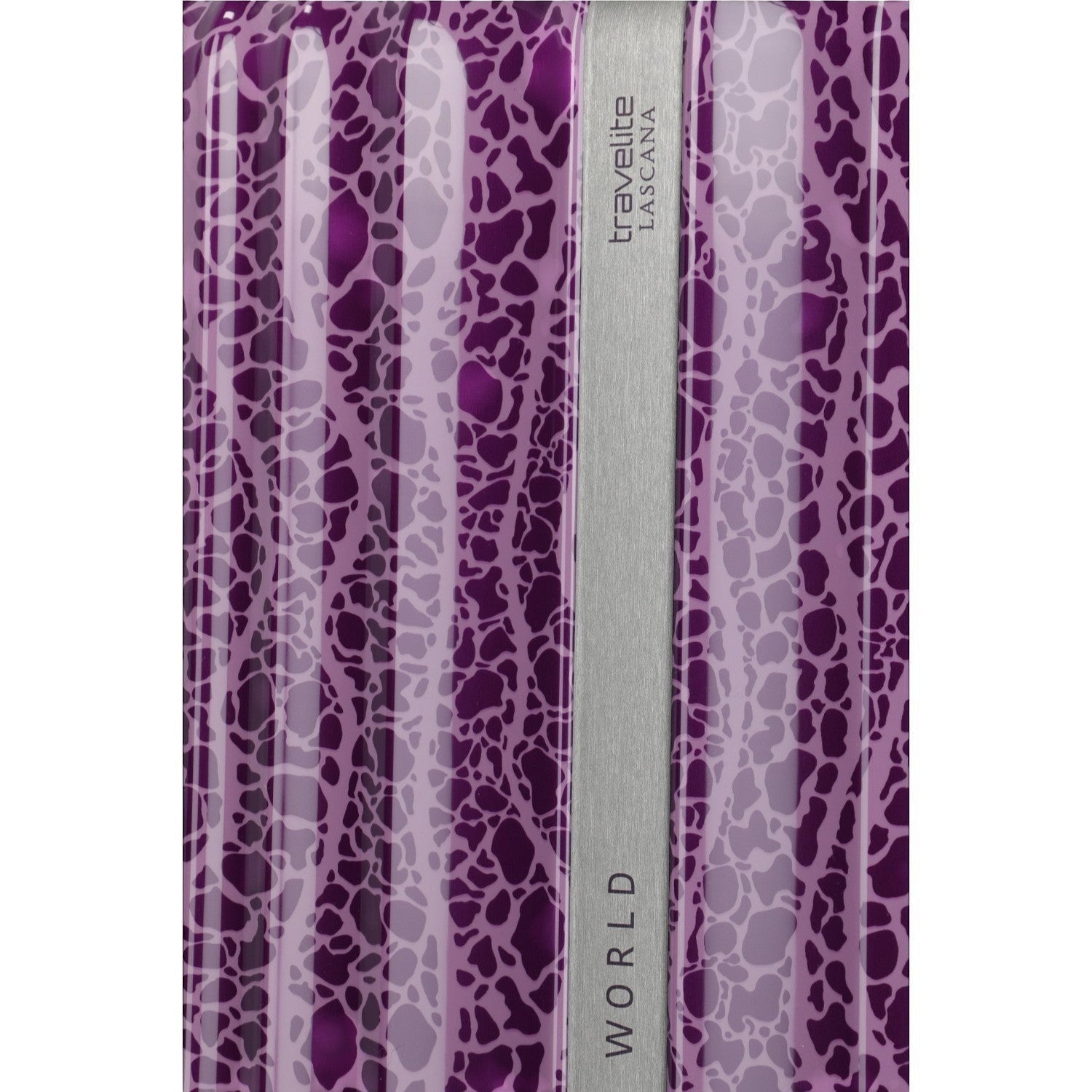 Lieblingstasche Lascana Edition 4W Trolley L, purple suitcase with a dark purple abstract pattern and silver trim.