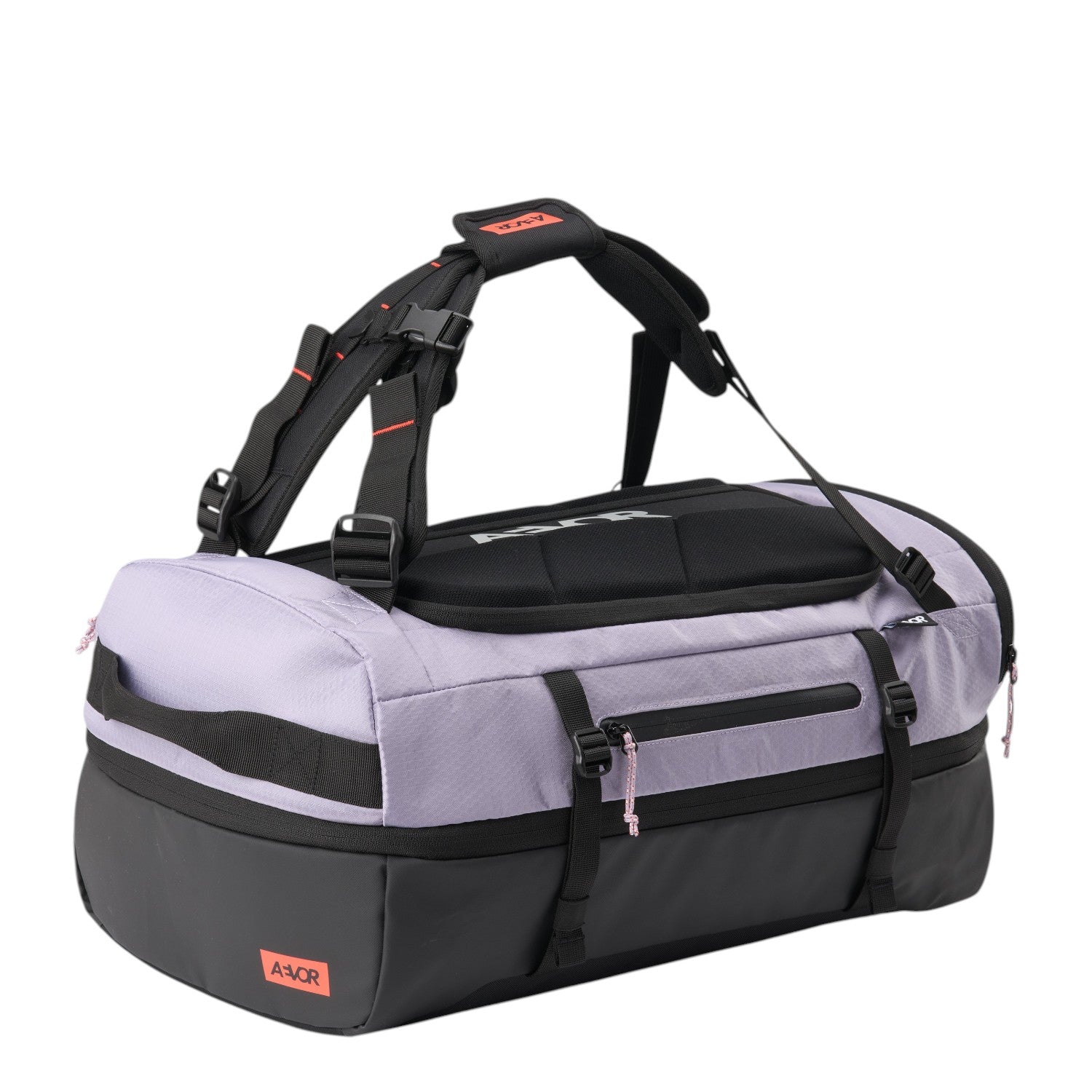 Lieblingstasche Duffel Pack in light purple and black with adjustable straps and durable fabric construction.