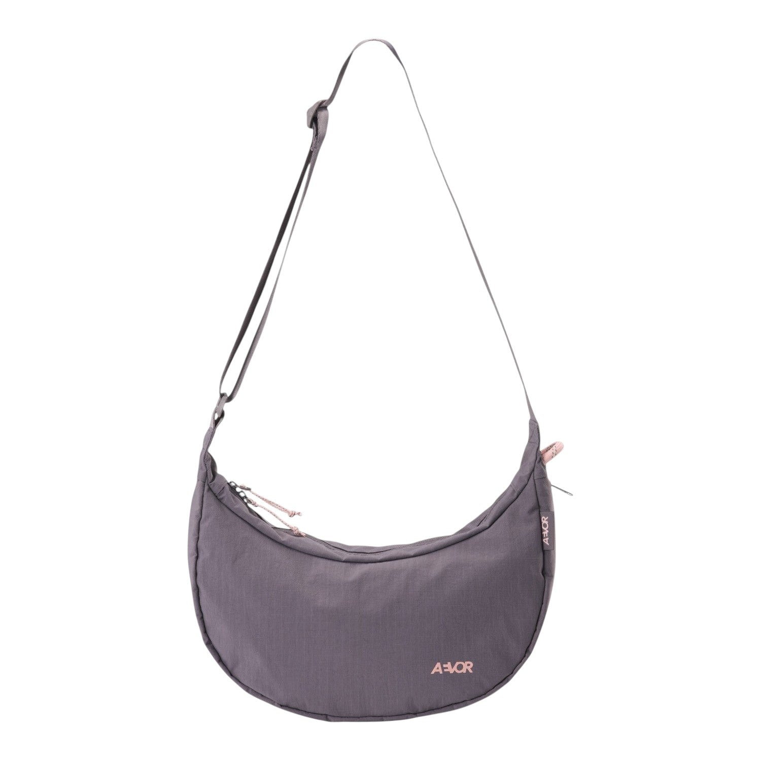 Lieblingstasche purple crescent-shaped sling bag with adjustable strap and zipper details