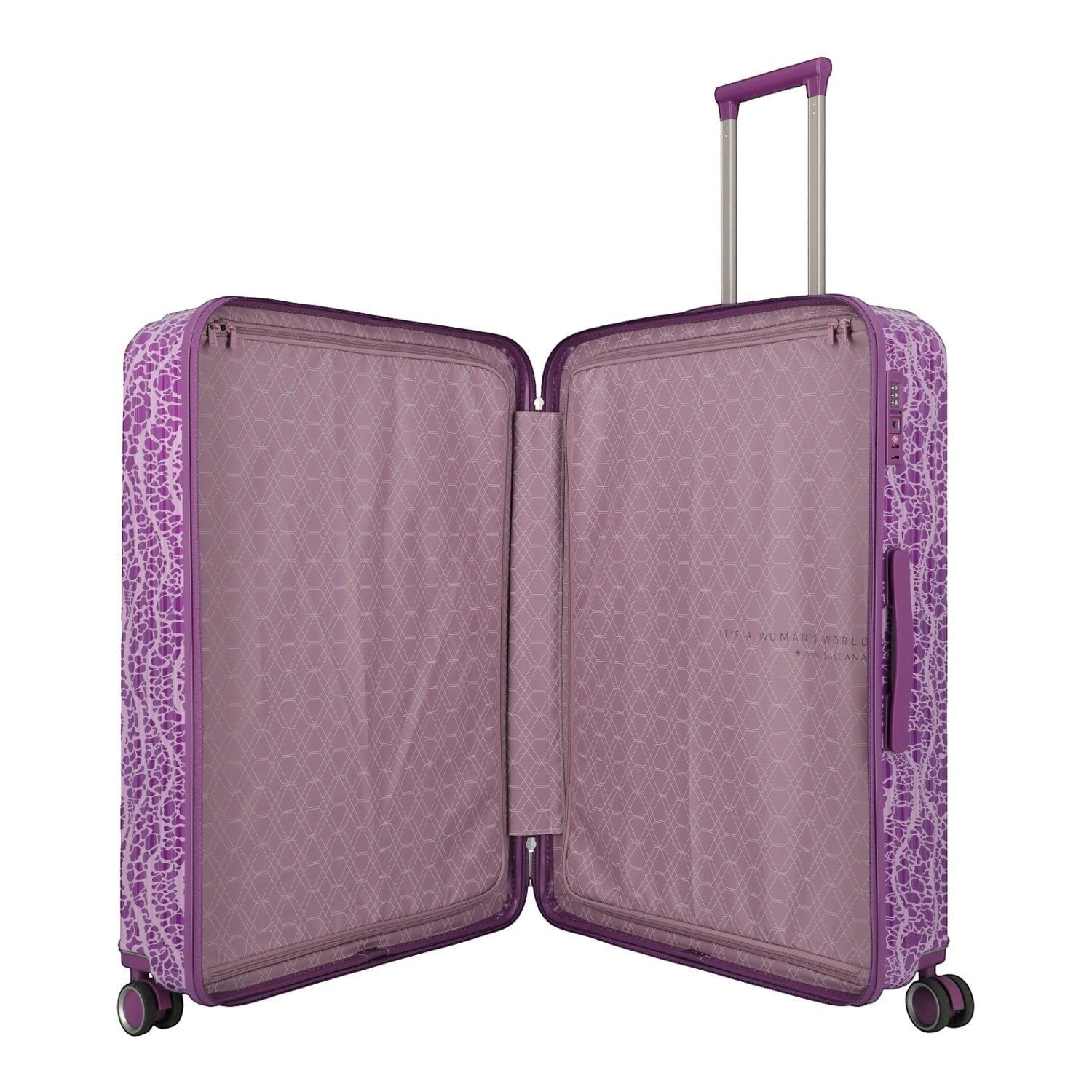 Lieblingstasche Lascana Edition 4W Trolley L, large purple suitcase with lace pattern and patterned interior.