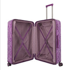 Lieblingstasche purple trolley suitcase with lace pattern, telescopic handle, TSA lock, and interior straps.