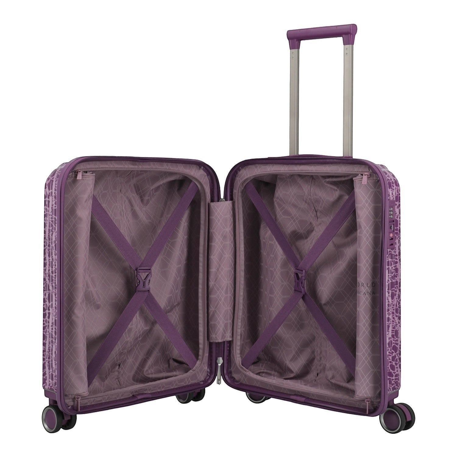 Lieblingstasche purple patterned trolley luggage with telescopic handle and interior straps