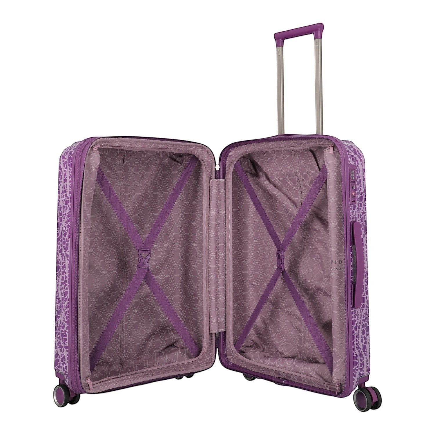 Lieblingstasche purple patterned trolley luggage with telescopic handle and interior straps.