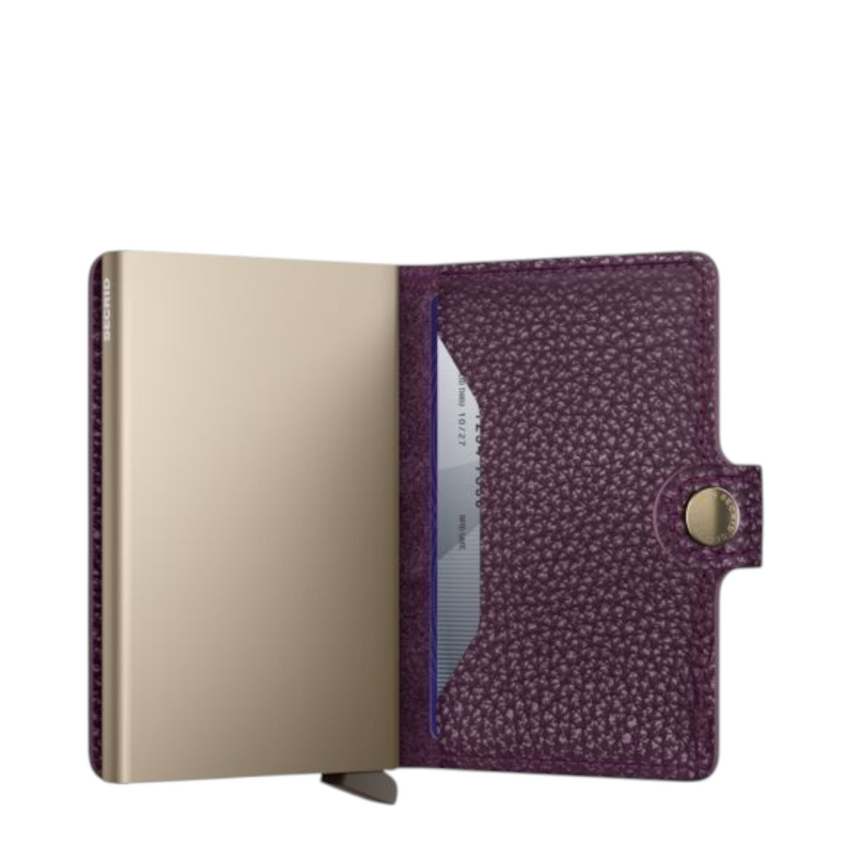 Lieblingstasche Secrid Miniwallet Pebble in purple textured leather with a gold metal card protector case
