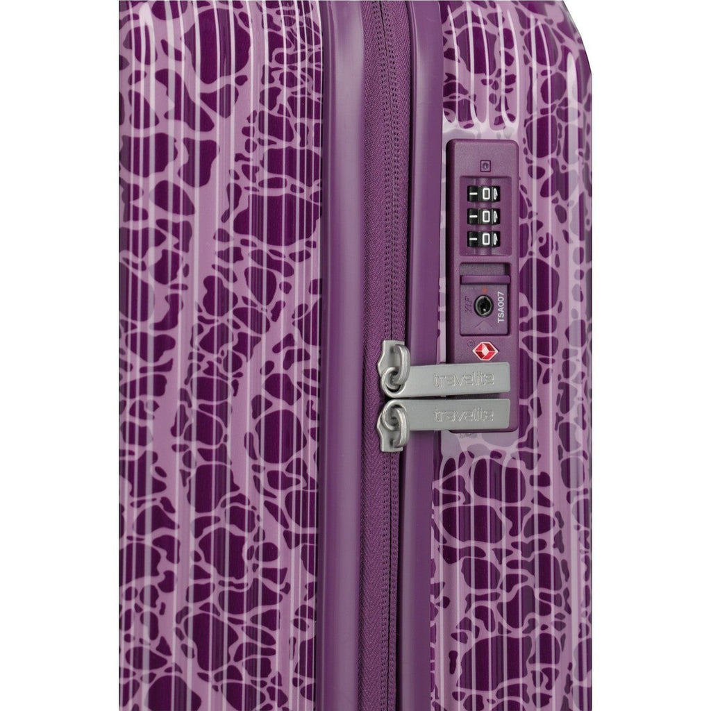 Lieblingstasche Lascana Edition 4W Trolley L, purple suitcase with abstract pattern, TSA lock, and zipper.