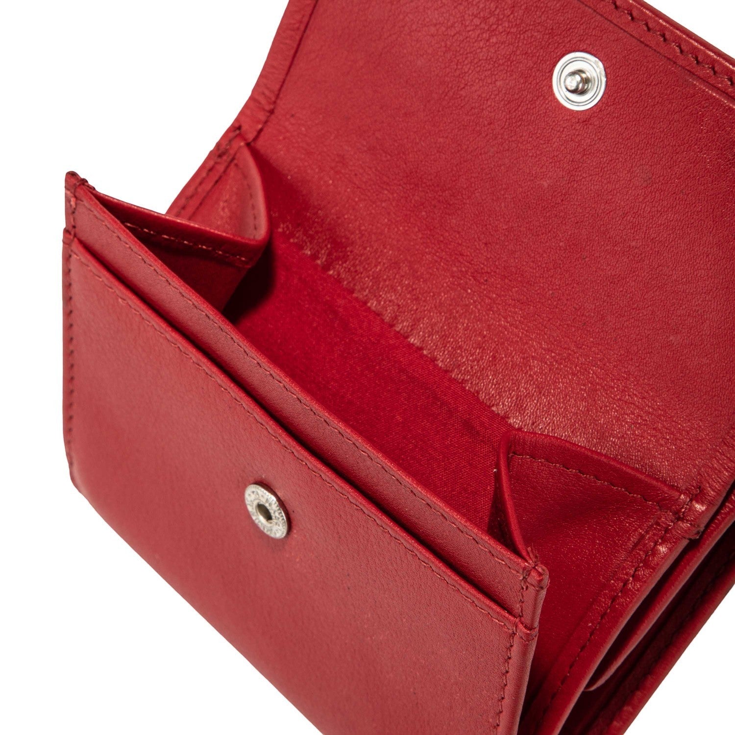 Lieblingstasche red leather tri-fold coin purse with snap closure and card slots.
