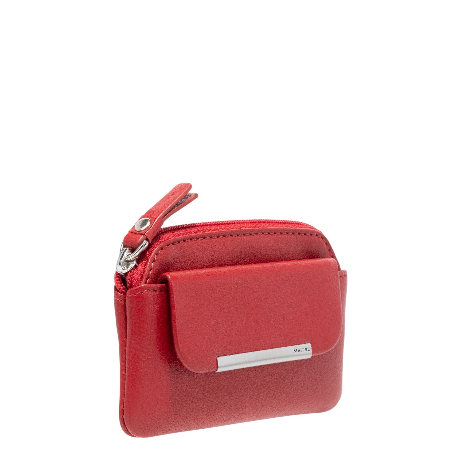Lieblingstasche red leather keycase with zip closure and front flap pocket with metal accent.