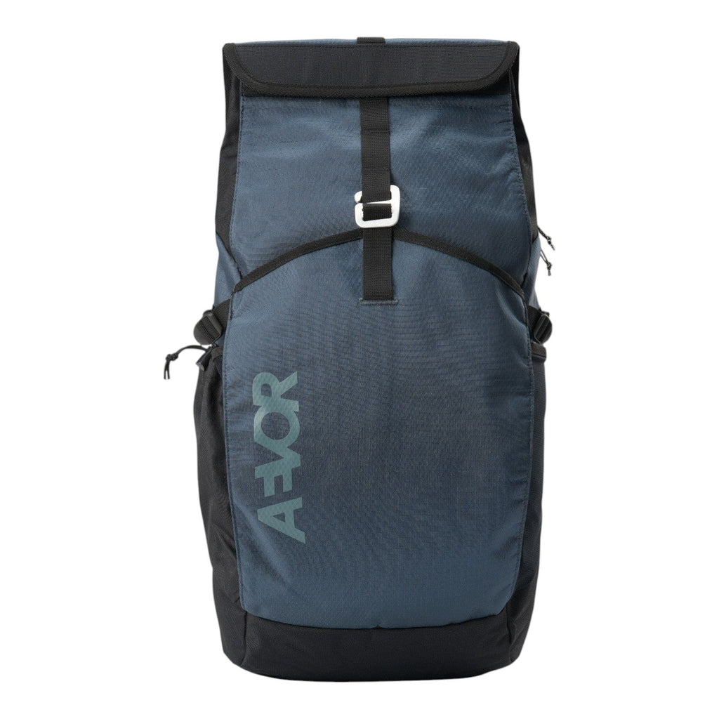 Lieblingstasche Roll Pack 2.0 blue and black roll-top backpack with front buckle closure and AEVOR branding
