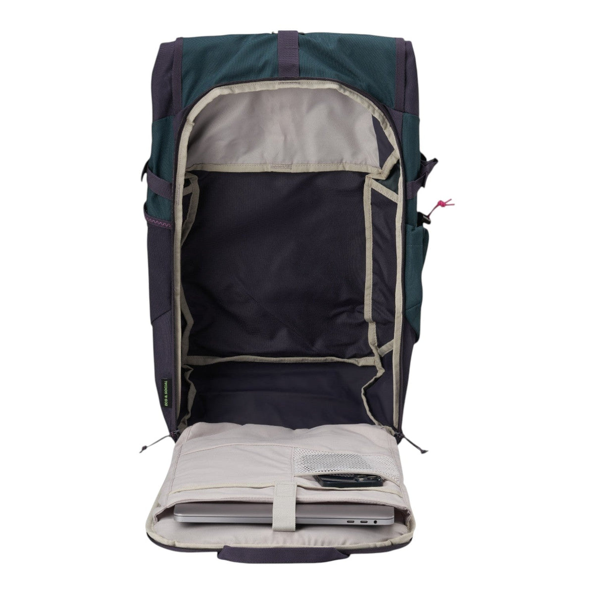 Lieblingstasche Roll Pack 2.0 backpack in dark green and purple with open main compartment and laptop sleeve