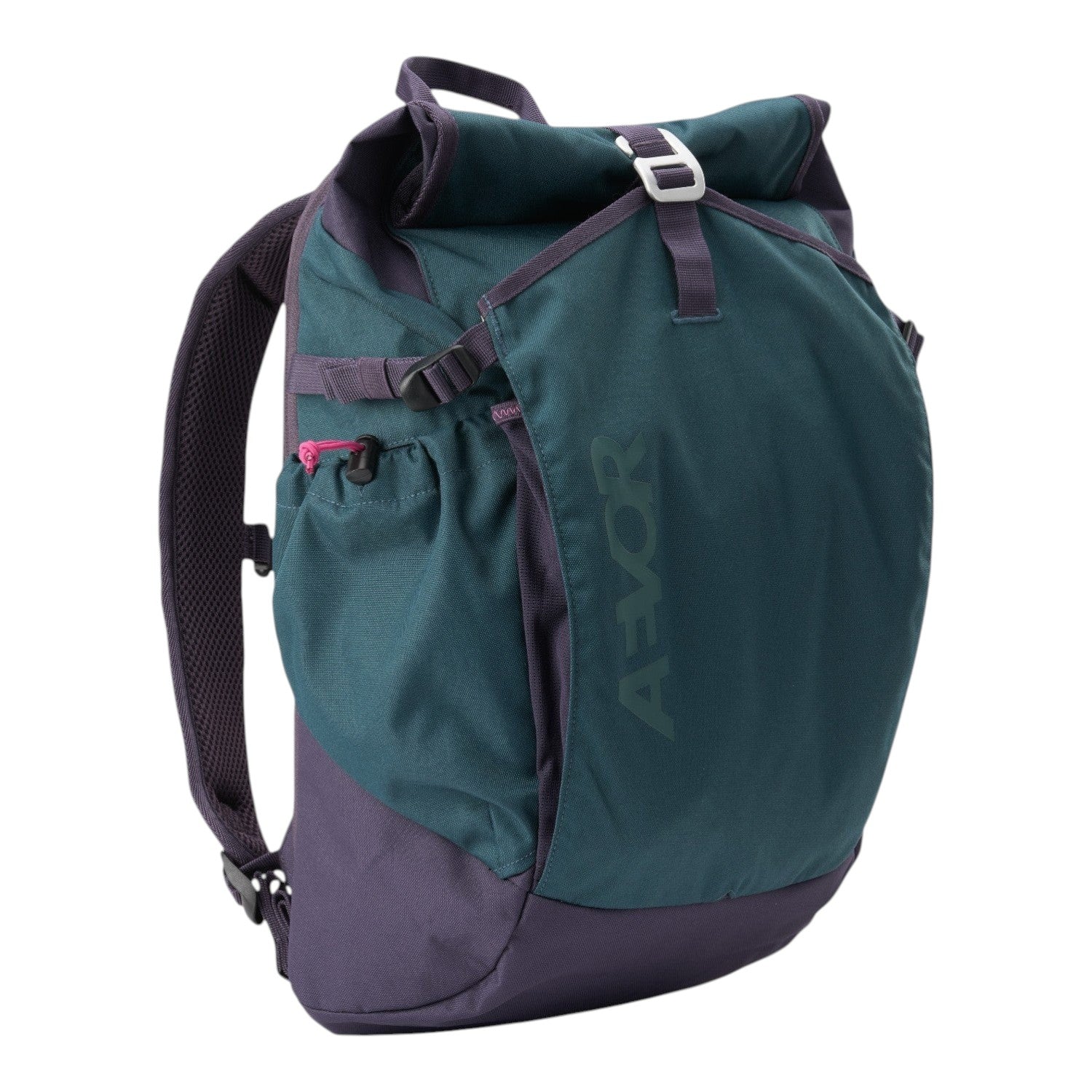 Lieblingstasche Roll Pack 2.0 backpack in teal and dark purple with a roll-top closure and adjustable straps.