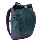 Lieblingstasche Roll Pack 2.0 backpack in teal and dark purple with a roll-top closure and adjustable straps.