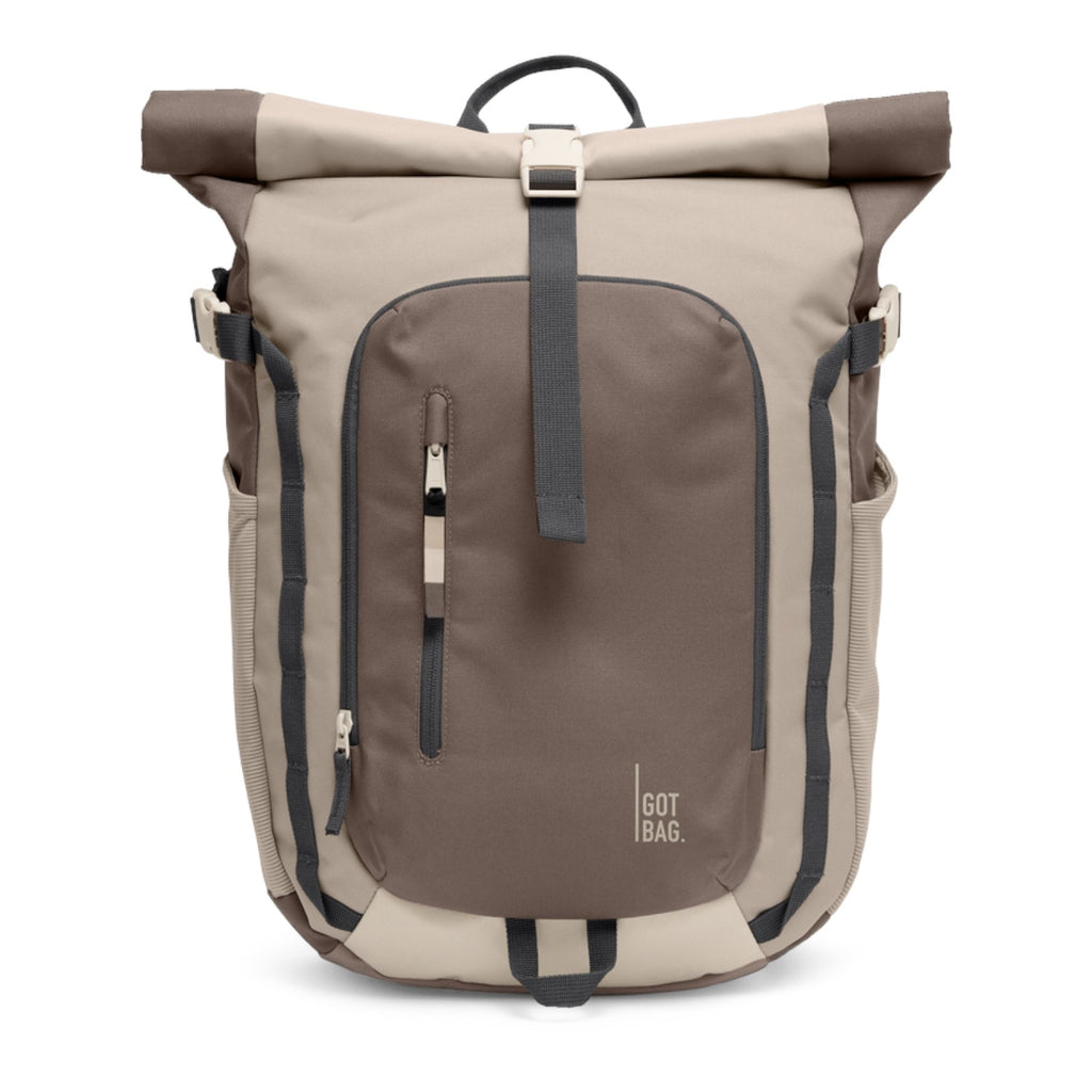 Lieblingstasche Rolltop Adventure backpack in beige and brown with multiple pockets and buckle closure.