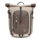 Lieblingstasche Rolltop Adventure backpack in beige and brown with multiple pockets and buckle closure.